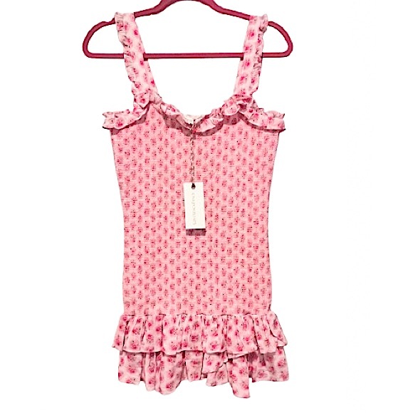 🆕-LoveShackFancy Dress Breyer Pink Floral Ruched Tiered Mini Dress. NWT - Picture 8 of 11